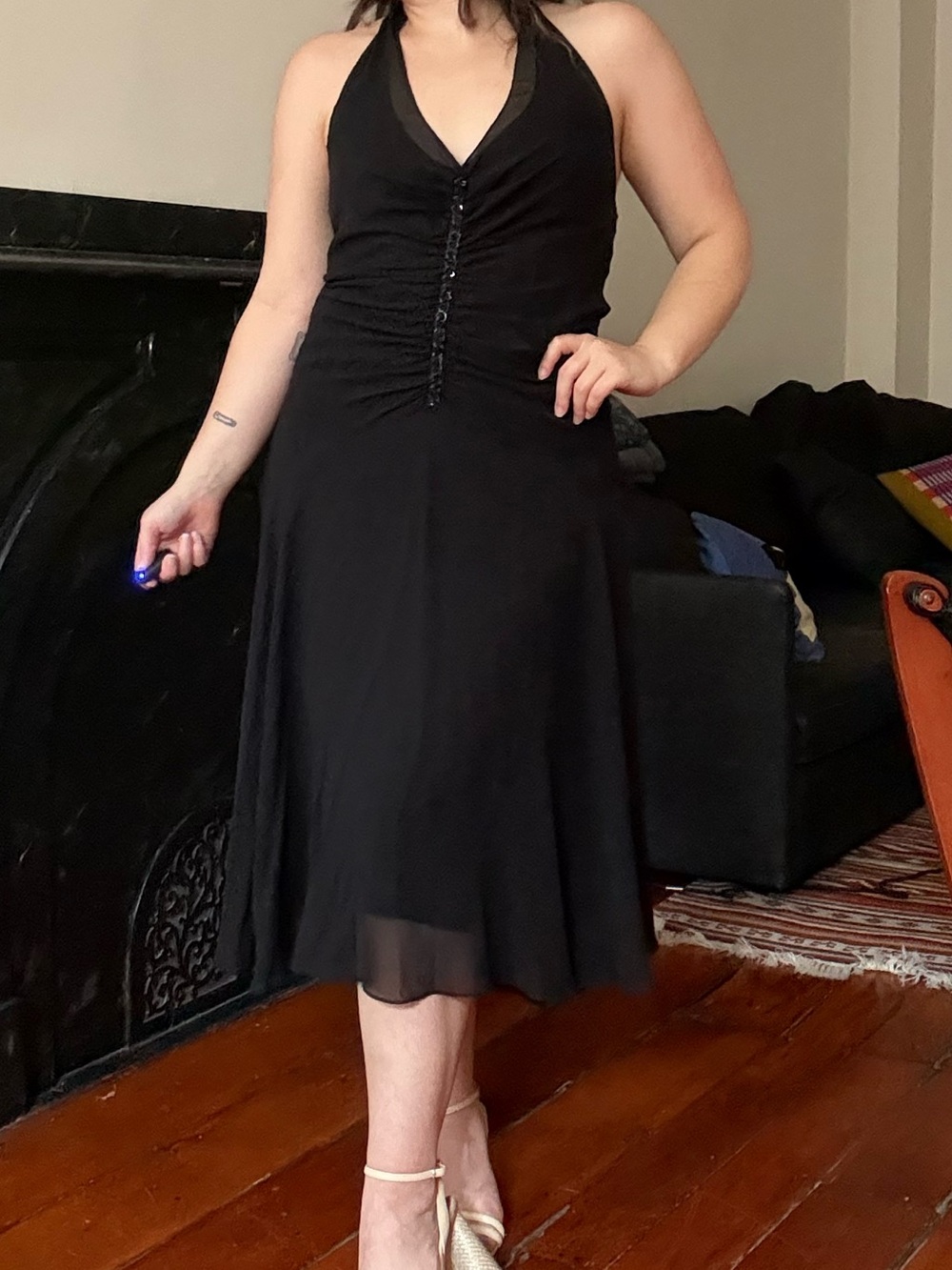 Maggy London Black Halter 100% Silk Chiffon Midi Dress